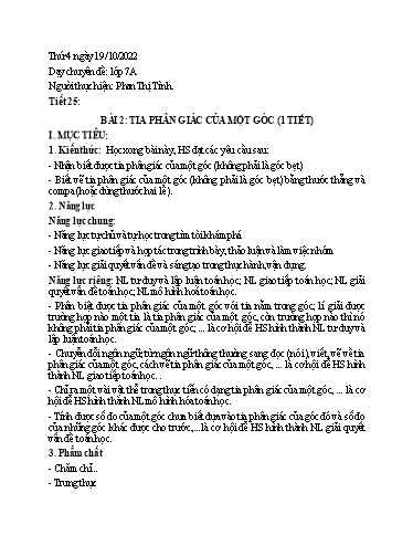 Giáo án Toán Lớp 7 - Tiết 25, Bài 2: Tia phân giác của 1 góc (1 Tiết) - Phan Thị Tình